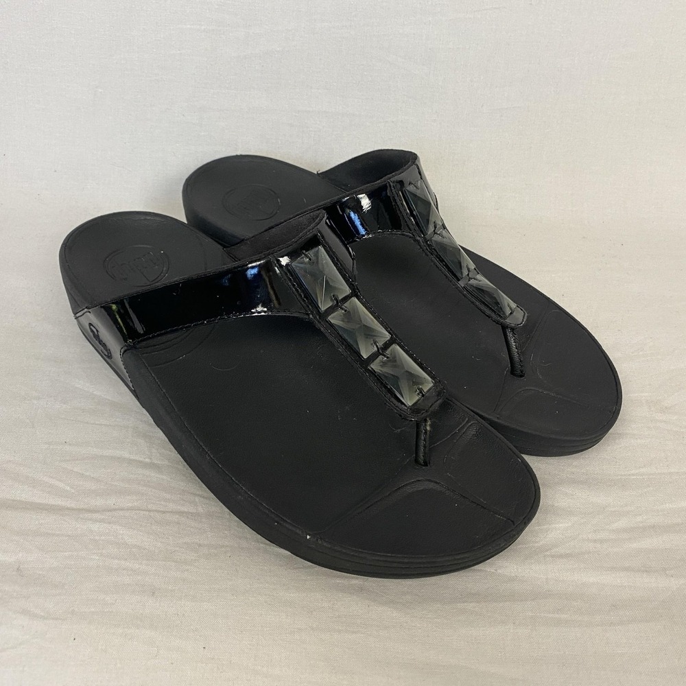 FitFlop Pietra Sandals Womens 9 Black Patent Thong Wedge Flip Flop Embellished